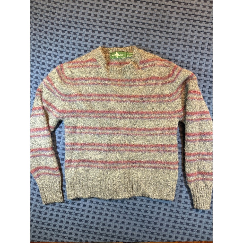 VTG Hunt Club Sweater Fair Isle 100% Shetland Wool Mens Gray Red Stripes Large